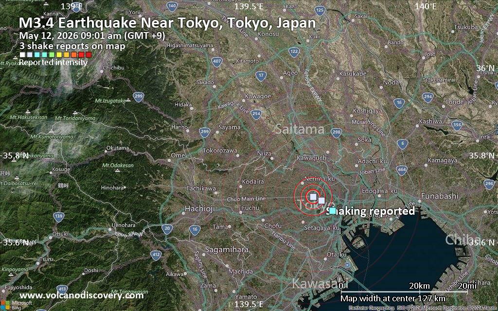 Seismic-like event, possible earthquake, reported few minutes ago near Tokyo, Tokyo, Japan