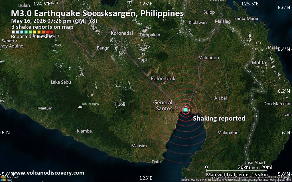 Seismic-like event, possible earthquake, reported few minutes ago near General Santos, Soccsksargen, Philippines