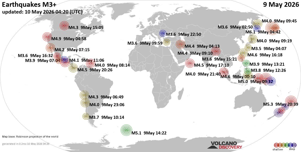 World Earthquake Report for Saturday,  9 May 2026