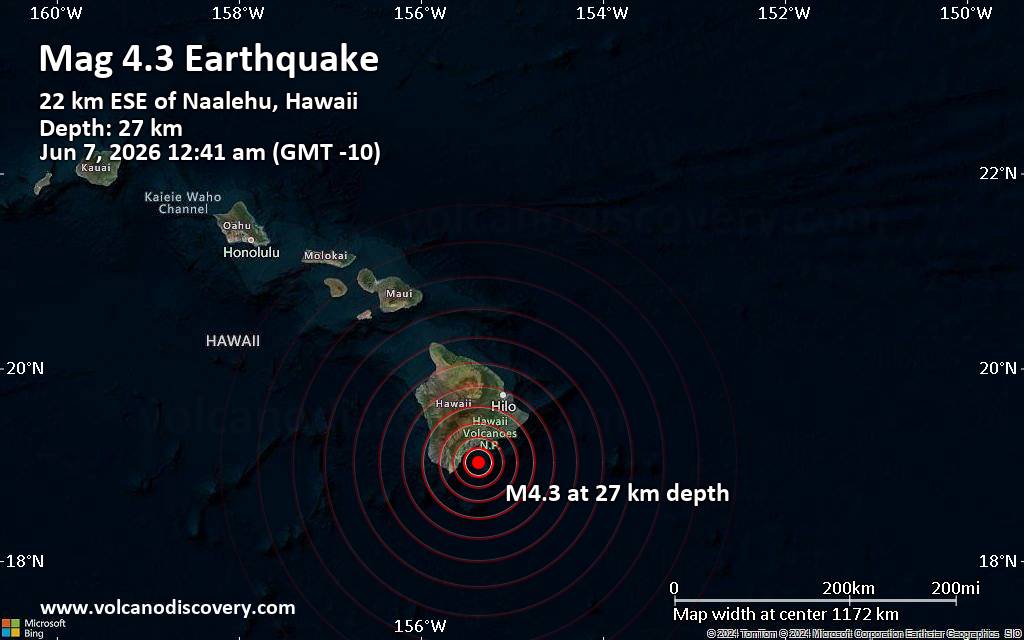 Moderate magnitude 4. 3 quake hits 52 miles southwest of Hilo, Hawaii, United States after midnight