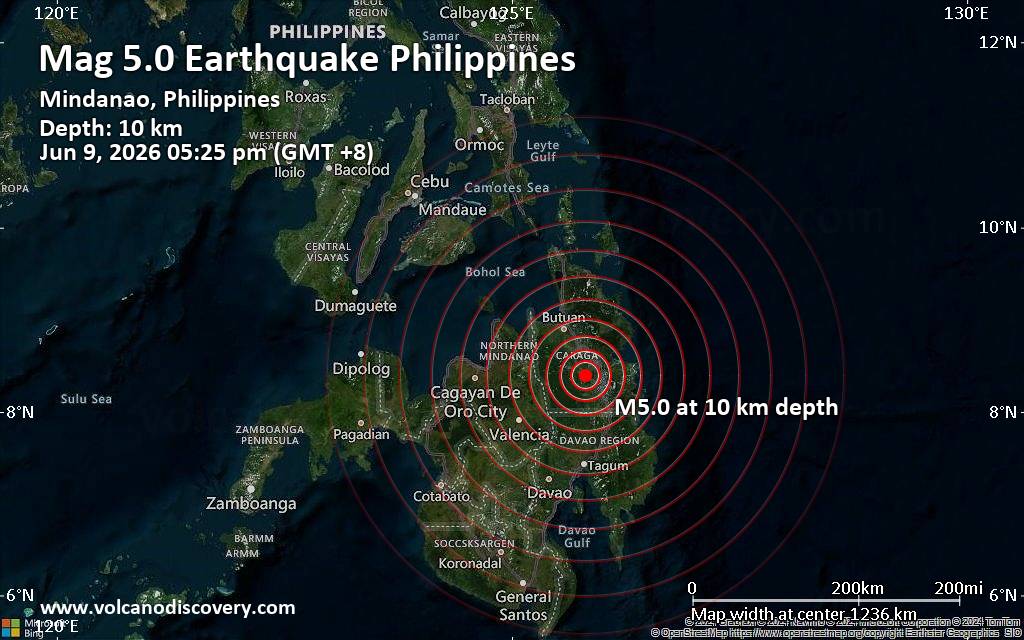 Significant earthquake of magnitude 5.0 just reported 22 km southwest of Prosperidad, Philippines
			