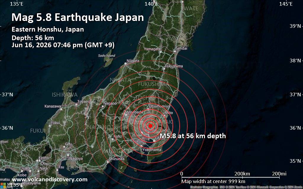 Significant Magnitude 5.8 Quake Hits 2 km North of Joso, Japan