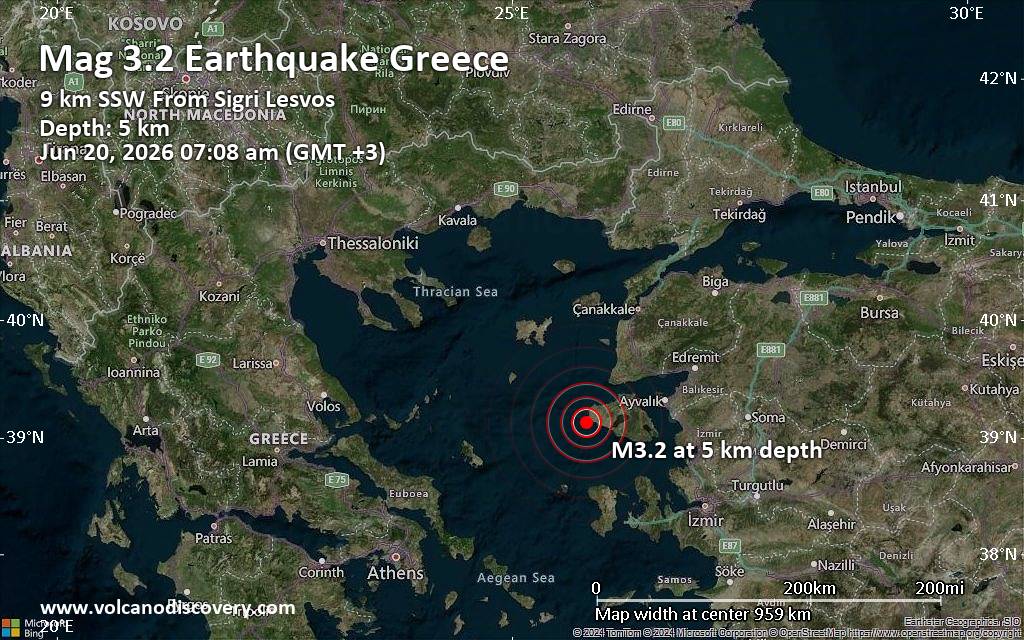 Μικρός σεισμός μεγέθους 3,2 βαθμών αναφέρθηκε 11 χλμ νοτιοδυτικά της Ερεσού, Ελλάδα