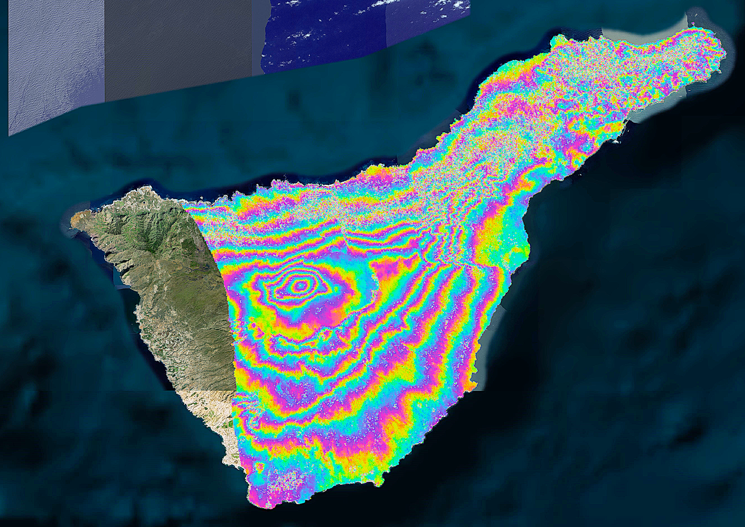 Ground deformation using InSAR method of Tenerife Island between 3 and 15 June (image: Sentinel-1/Alaska Data Search Vertex, processed by Martin Kelko)