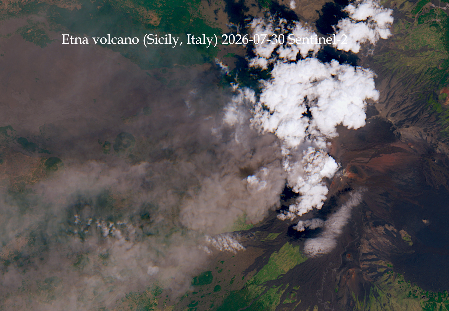 The ongoing eruption at Etna as seen from space on 30 July (image: Sentinel-2, processed by Martin Kelko)