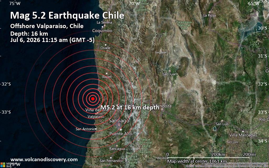 Significant magnitude 5.2 earthquake 58 km north of Valparaiso, Chile
			