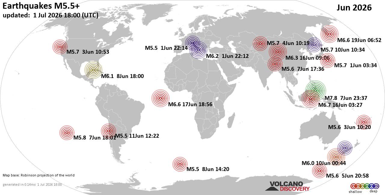 Worldwide earthquakes above magnitude 5.5 during June 2026