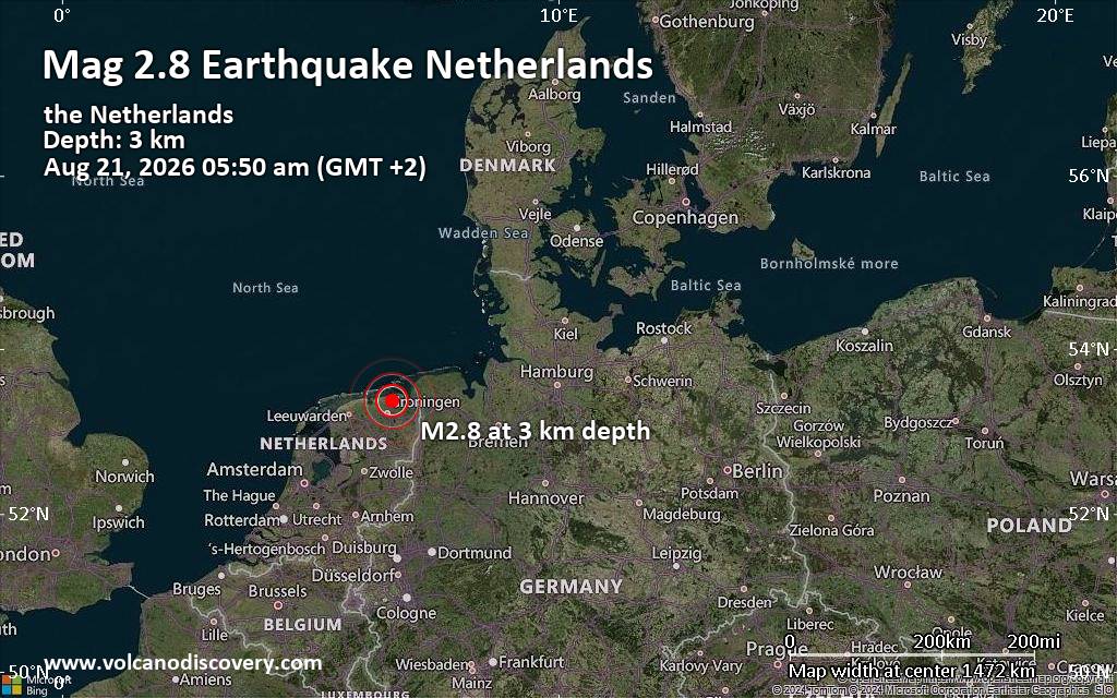 Small tremor of magnitude 2.8 just reported 20 km northeast of Groningen, Netherlands
			