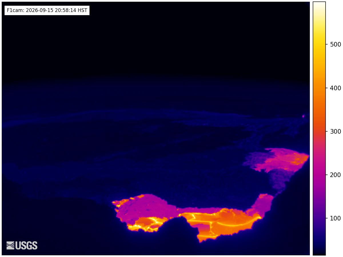 Small lava flows from multiple vents inside the Halema'uma'u crater of Kilauea volcano (image: USGS / HVO webcam)