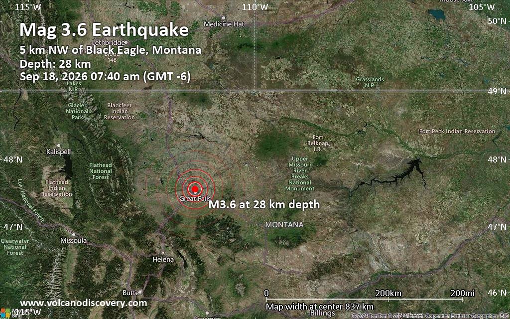 Small magnitude 3.6 earthquake strikes near Great Falls, Cascade County, Montana, USA
			