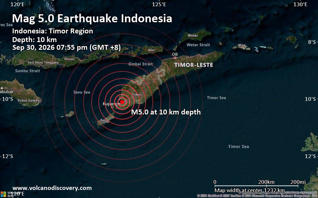 Significant magnitude 5.0 quake hits 13 km northeast of Kupang, Indonesia, in the early evening
			