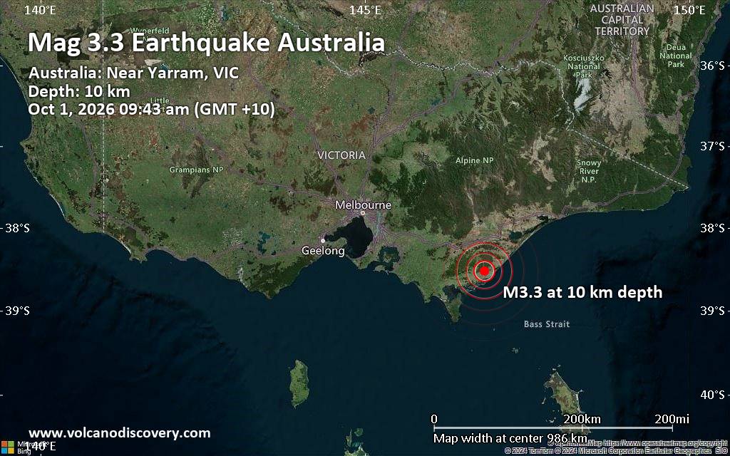 Small magnitude 3.3 earthquake hits near Traralgon, Latrobe (Vic.), Victoria, Australia
			