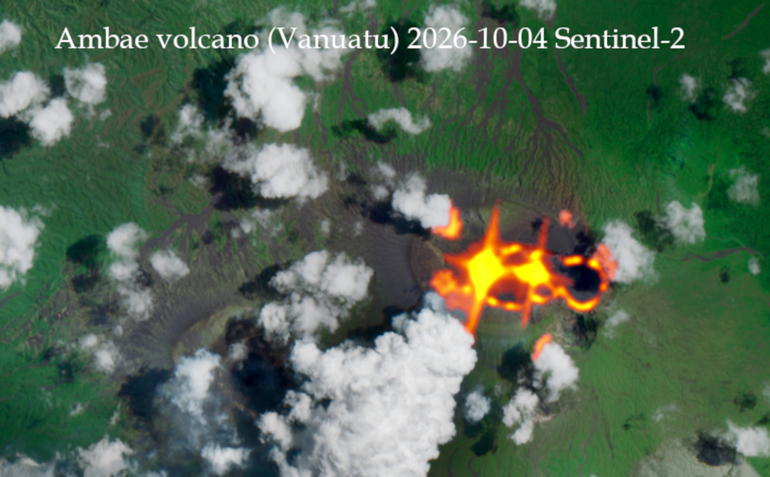 The heat anomaly within the Marum crater at Ambae volcano as seen from space on 4 October (image: Sentinel-2, processed by Martin Kelko)