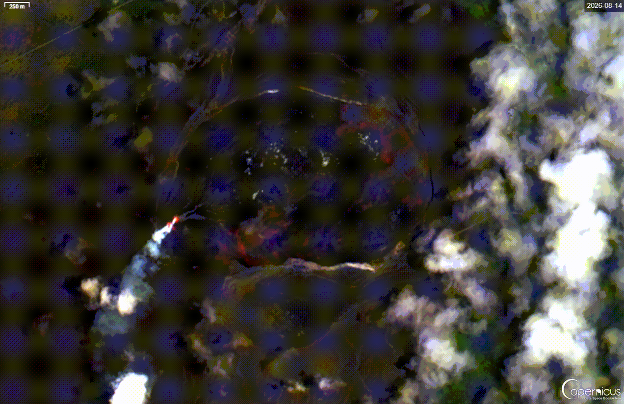 Lava flow periods within the Halemaʻumaʻu summit crater since mid-August (image: Sentinel-2)