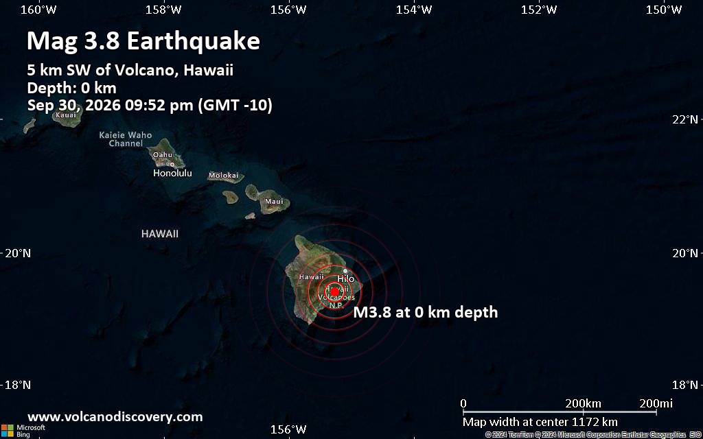 Magnitude 3.8 earthquake 25 miles southwest of Hilo, Hawaii, United States
			