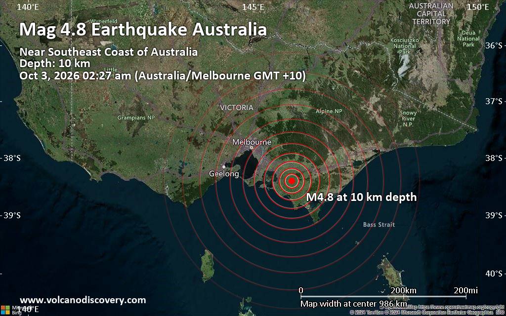 Moderate magnitude 4.8 quake hits 17 miles southwest of Warragul, Victoria, Australia, early morning
			