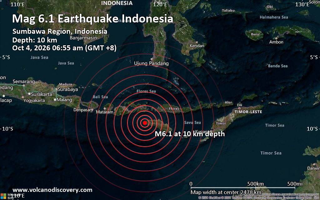 Significant magnitude 6.1 quake hits 38 km southwest of Tambolaka, Indonesia, early morning
			