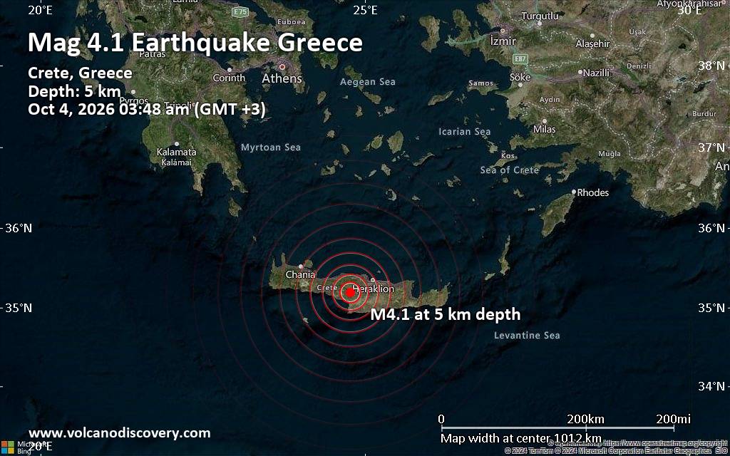 Magnitude 4.1 earthquake strikes near Irakleion, Crete, Greece
			