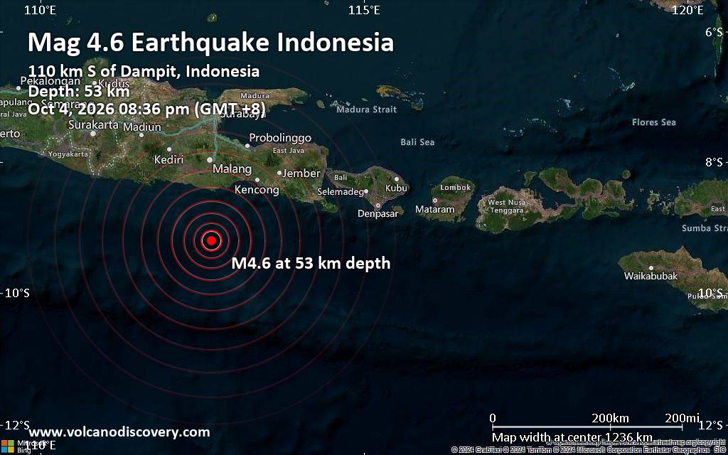 Moderate magnitude 4.6 quake hits 111 km south of Dampit, Indonesia, in the evening
			
