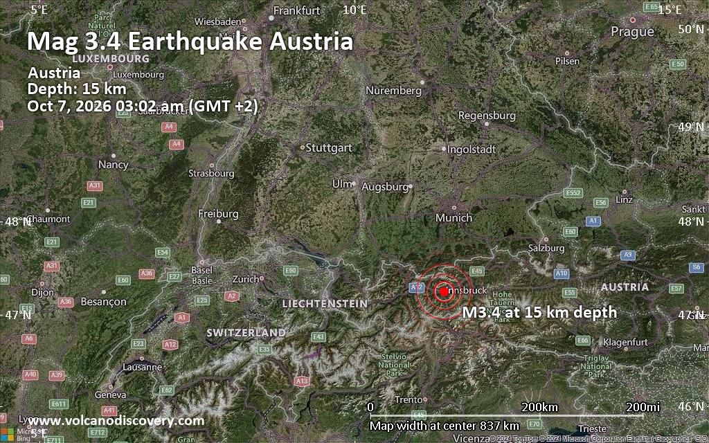 Magnitude 3.4 earthquake strikes near Innsbruck, Tyrol, Austria
			