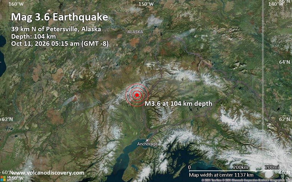 Magnitude 3.6 earthquake hits 34 miles northwest of Chase, Alaska, early morning
			
