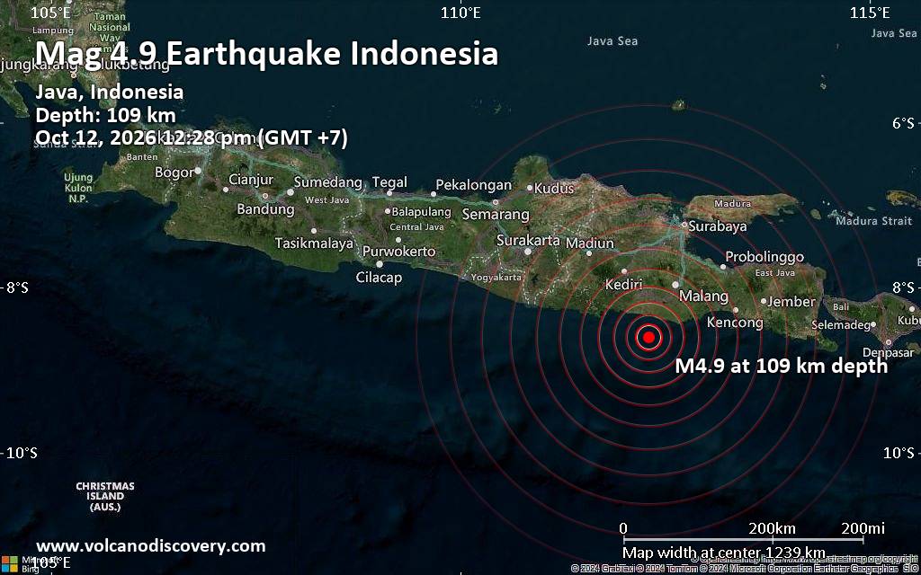 Magnitude 4.9 earthquake strikes near Blitar, East Java, Indonesia
			