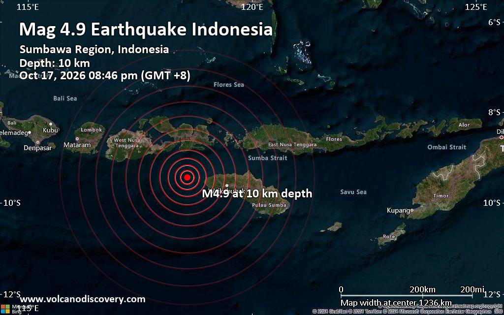 Moderate magnitude 4.9 earthquake reported 74 km west of Tambolaka, Indonesia
			