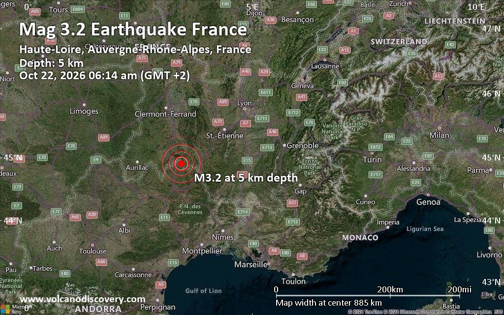 Small magnitude 3.2 earthquake hits near Le Puy-en-Velay, Haute-Loire, Auvergne-Rhone-Alpes, France
			