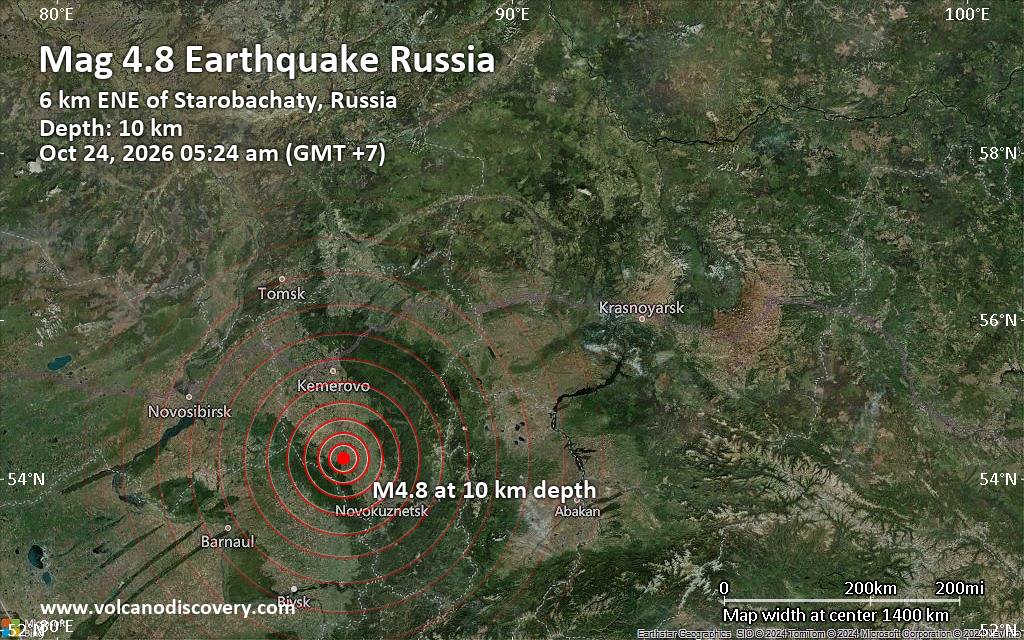 Moderate magnitude 4.8 earthquake hits near Belovo, Kemerovo Oblast, Russia
			