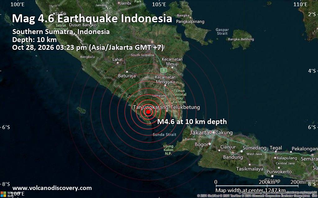 Moderate magnitude 4.6 earthquake 71 km west of Bandar Lampung, Indonesia
			