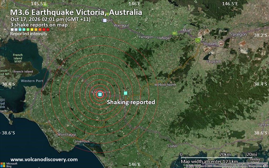 Seismic-like event, possible earthquake, reported minutes ago near Leongatha, Victoria, Australia
			