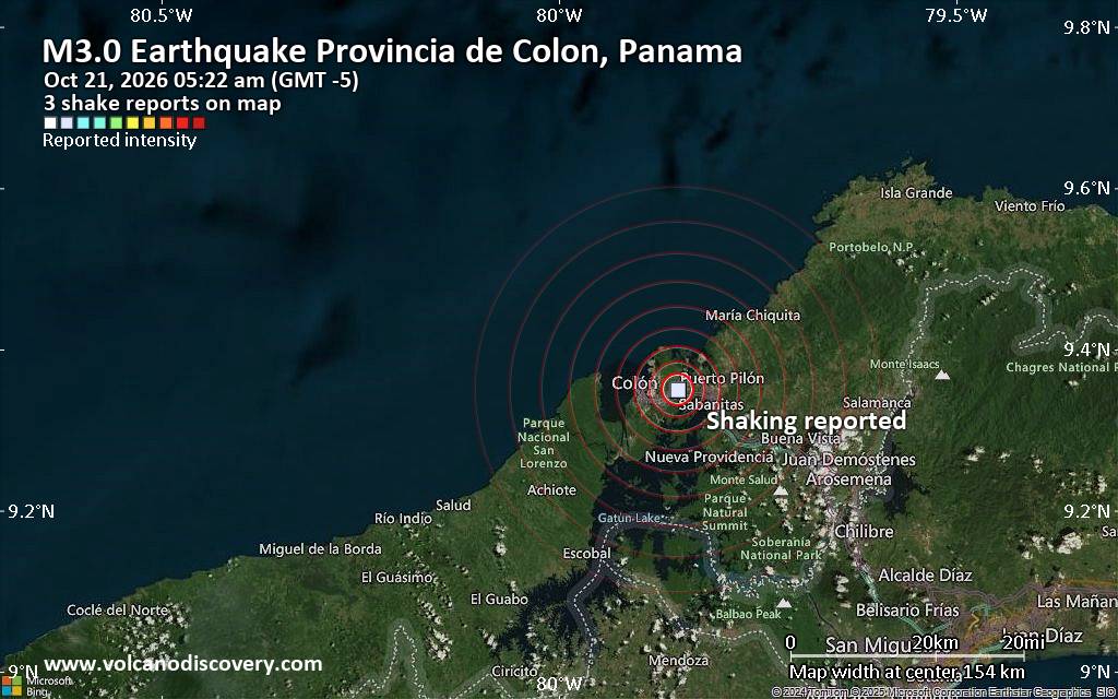 Seismic-like event, possible earthquake, reported minutes ago near Colon, Colón, Panama
			