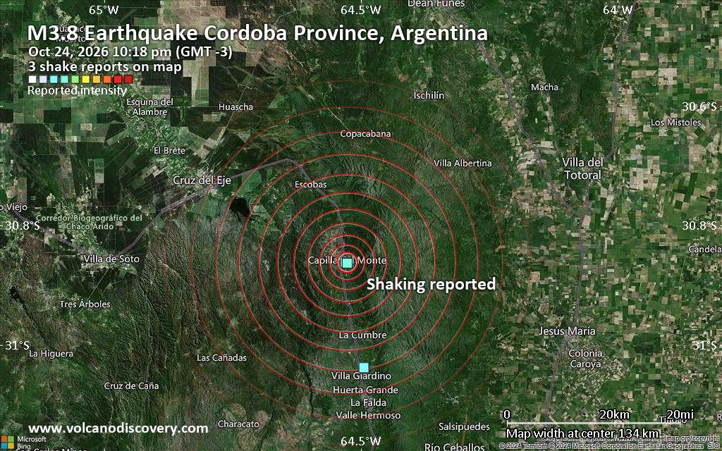 Seismic-like event, possible earthquake, reported a few minutes ago near Cruz del Eje, Cordoba, Argentina
			