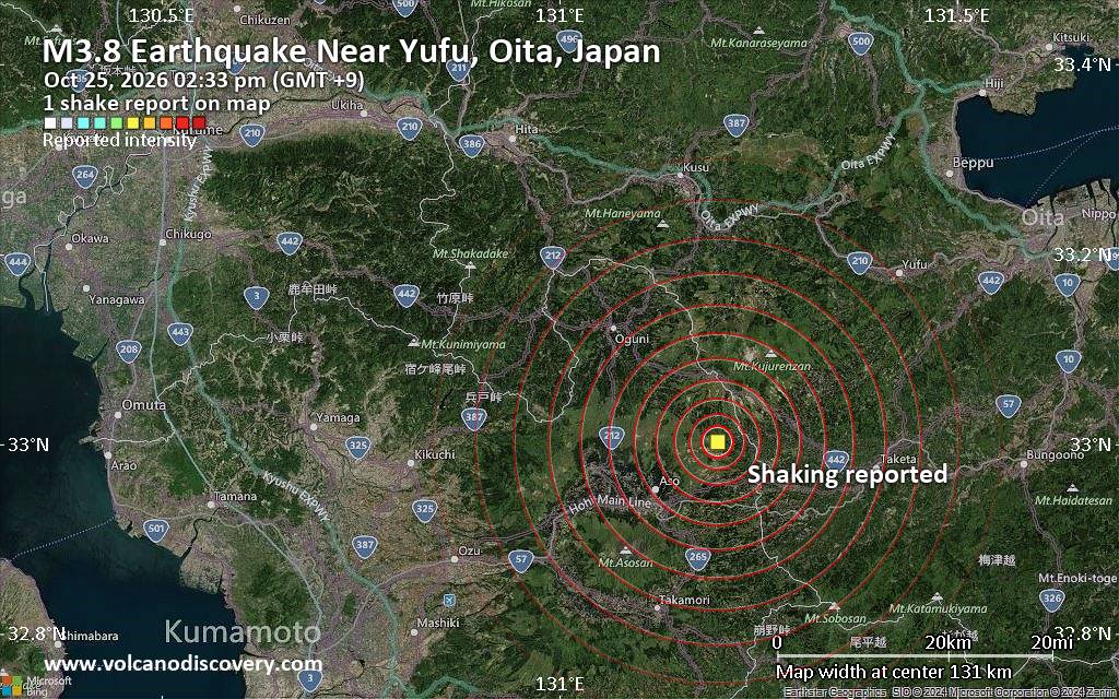 Seismic-like event, possible earthquake, reported minutes ago near Yufu, Oita, Japan
			
