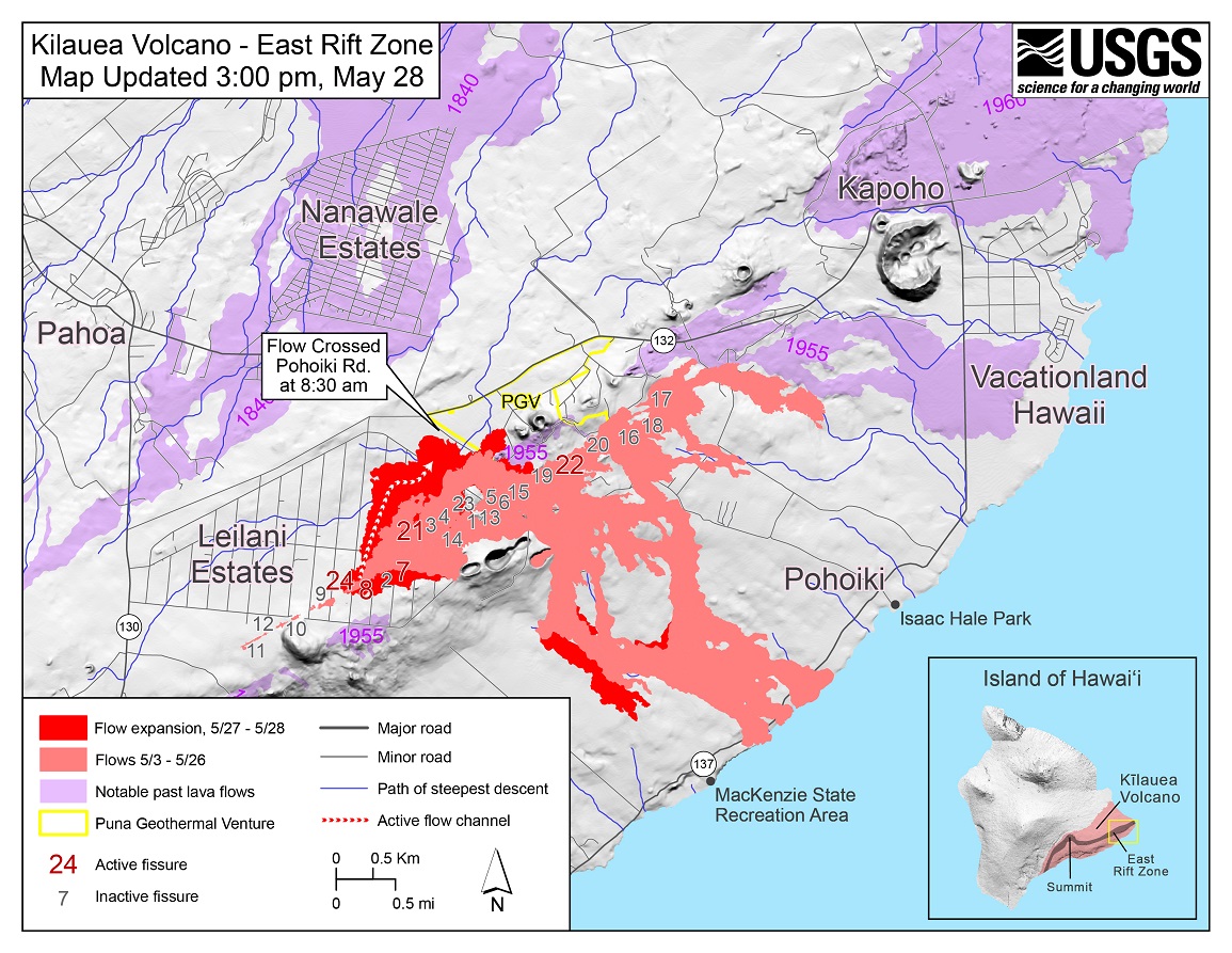 Kīlauea Lower East Rift Zone fissures and flows map as of 3:00 p.m. HST, May 28, 2018. Given the dynamic nature of Kīlauea's lower East Rift Zone eruption, with changing vent locations, fissures starting and stopping, and varying rates of lava effusion, map details shown here are accurate as of the date/time noted—and could have changed rapidly since that time. Shaded purple areas indicate lava flows erupted in 1840, 1955, 1960, and 2014-2015. (HVO/USGS)