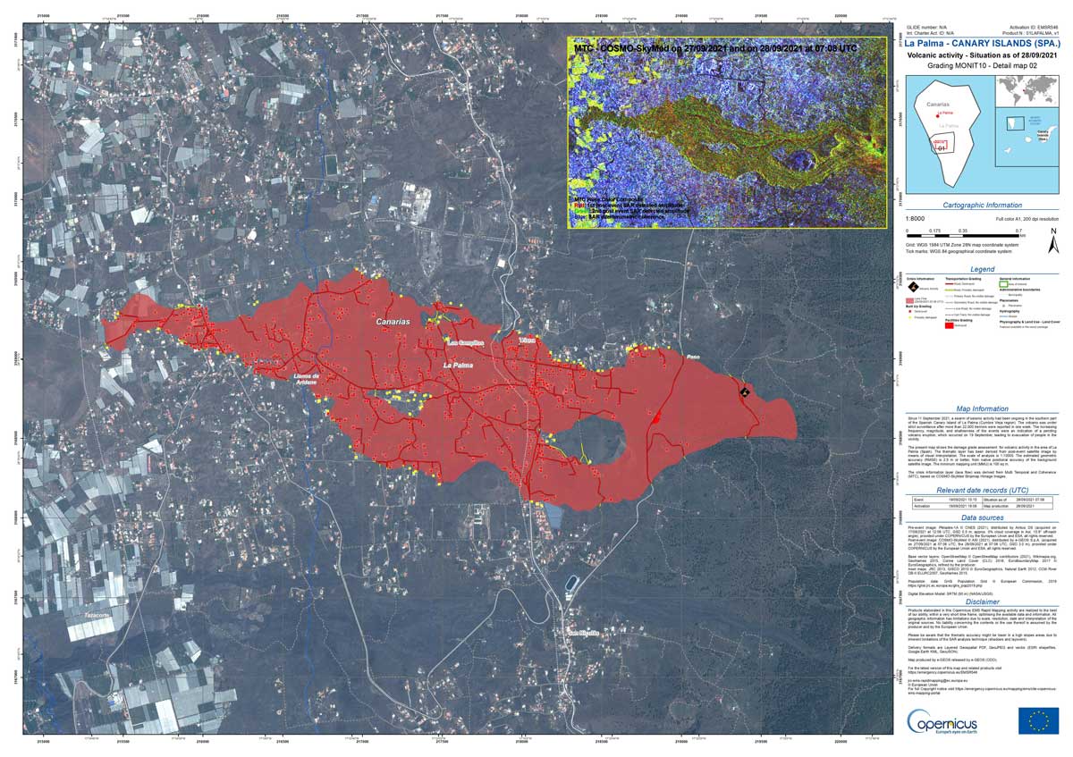 Map of the lava flows as of yesterday morning (image: Copernicus)