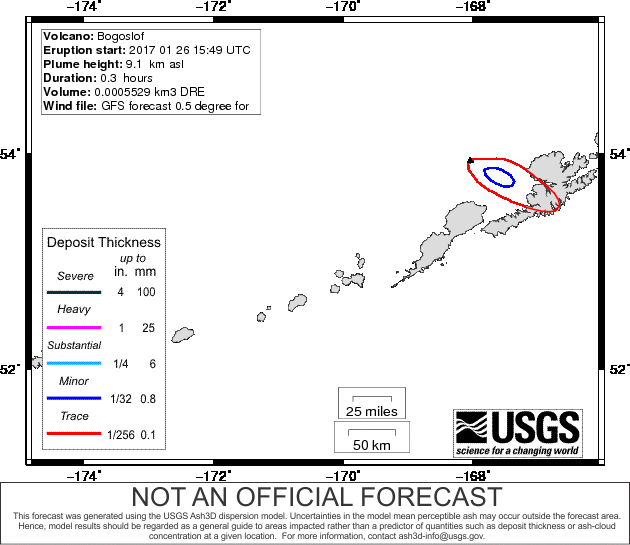 Ash fall forecast for today's eruption at Bogoslof volcano (image: AVO/USGS)