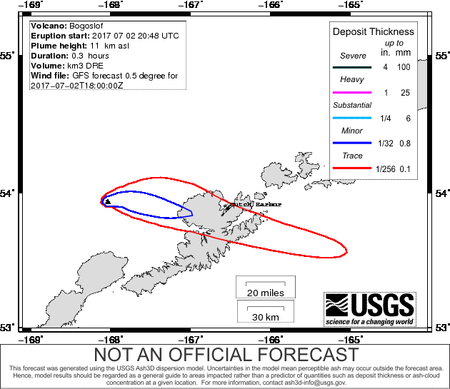 Ash plume and ash fall forecast for Bogoslof's eruption last night (image: AVO)