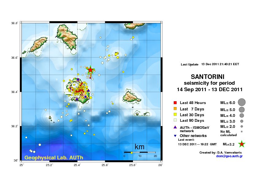 Mapa de terremotos recientes debajo de Santorini, mostrando el evento 3,2 Kolumbos volcán NE de Santorini