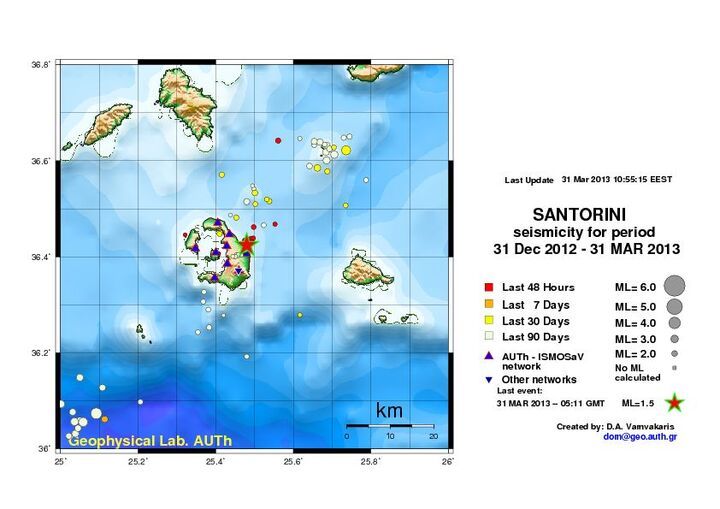 Location of recent quakes at Santorini