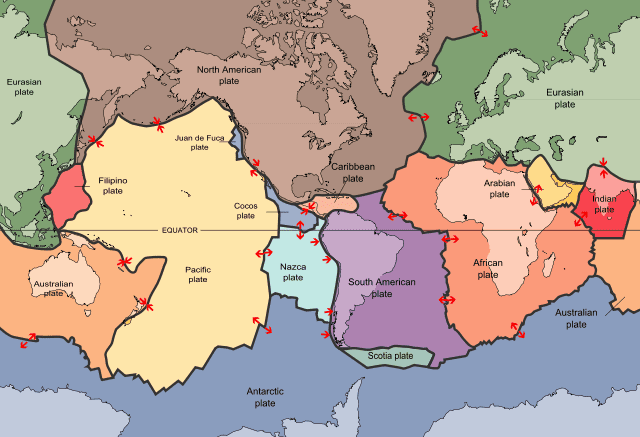 Major tectonic plates of the earth (Source: Wikimadia Commons, http://en.wikipedia.org/wiki/File:Plates_tect2_en.svg)