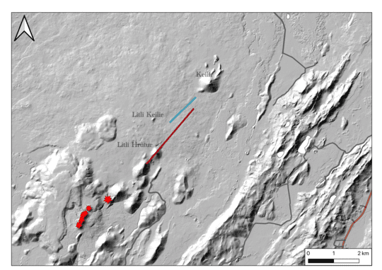 Modelled location and extent of surface deformation related to fault movement, based on ICEYE interferogram 7-8 July (blue) and the modelled location of the dike intrusion (red).  The eruptive vents from 2021 and 2022 are shown as red stars.  Topography by IslandsDEM and roads from the National Land Survey of Iceland. Dike and fault locations mapped by Michelle M. Parks, Vincent Drouin, Icelandic Meteorological Office; Ásta Rut Hjartardóttir, University of Iceland.
