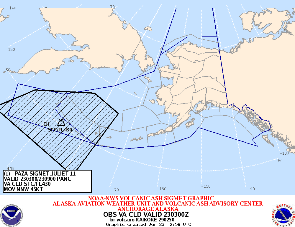 Currently affected area of the drifting ash cloud from Raikoke's eruption 21-22 June 2019 (imge: VAAC Anchorage)
