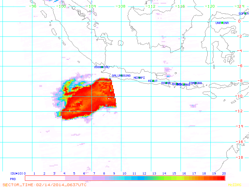 Un grande pennacchio di SO2 è alla deriva sull'oceano indiano (NOAA)