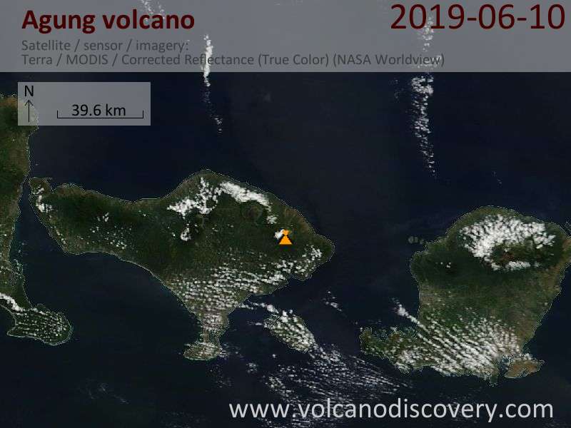 Satellitenbild des Agung Vulkans am 10 Jun 2019