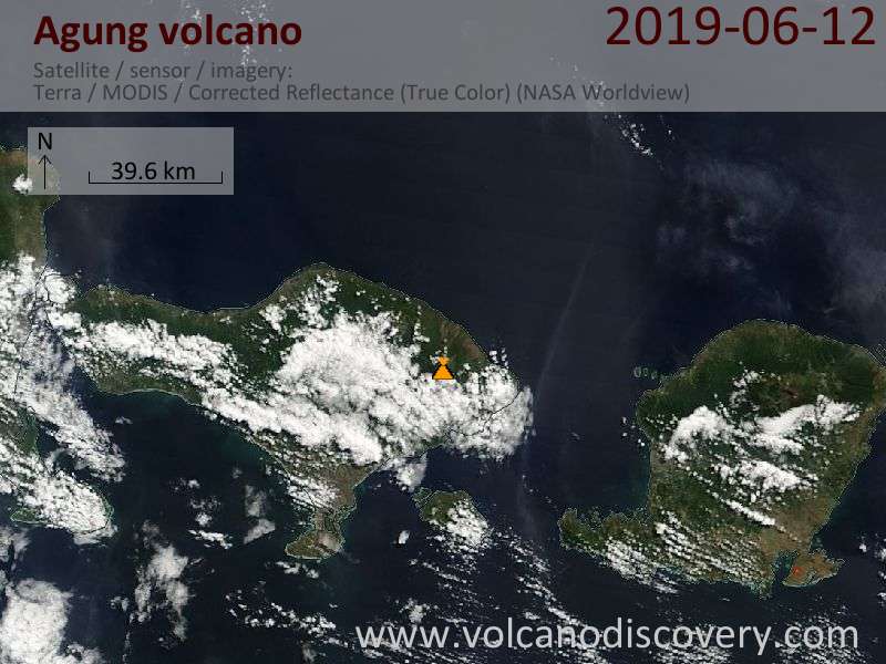 Satellitenbild des Agung Vulkans am 12 Jun 2019