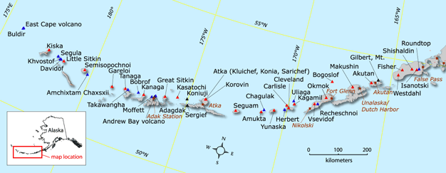 Volcanoes of the Aleutian Islands map (source: AVO, USGS)