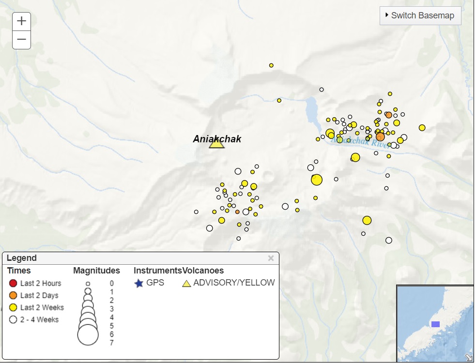 Distribution of quakes beneath Aniakchak volcano in SW-NE pattern within the past 2 weeks (image: AVO)
