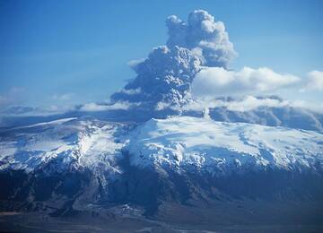 Eyjafjallajökull eruption April 2010 - extensive volcanic ash clouds caused by magma-ice interactions creating widespread hazard (Image: USGS)