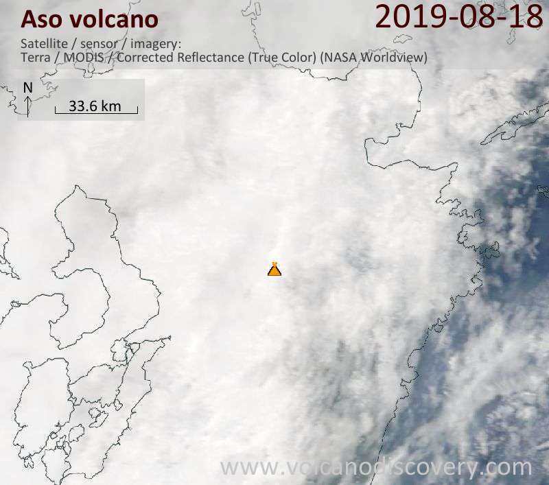 Satellitenbild des Aso Vulkans am 18 Aug 2019